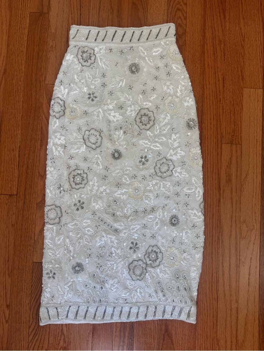 Beaded Sequin White Floral Pencil Skirt